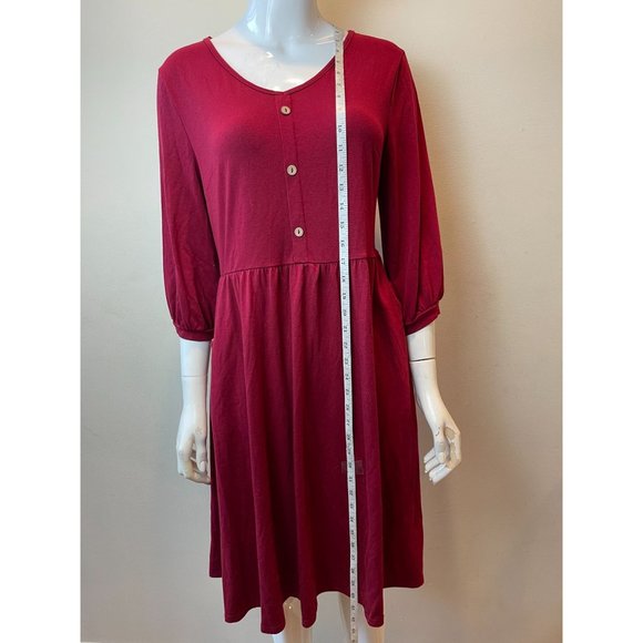 YATHON Women Empire Waist Dress Front Button Balloon Sleeve Maroon Size Large - Picture 4 of 10